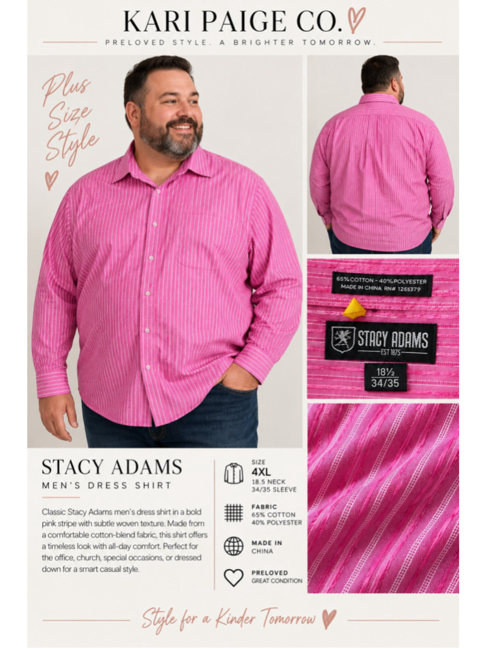 Stacy Adams Men’s Pink Striped Dress Shirt 18.5 34/35 Big & Tall 4XL